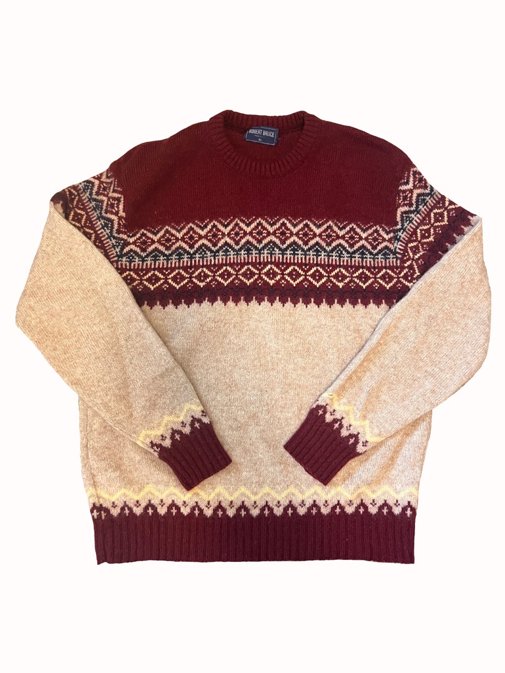 Cozy Fall Crewneck Fair Isle Sweater in Burgundy and Beige SZ XL